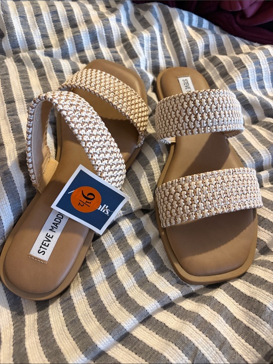 Steve Madden Shoes - Steve Madden Two-Strap Woven Slide Sandals in Beige/Tan